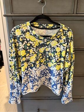 Free People Floral Long-Sleeve Crewneck Top in Yellow, Blue, White